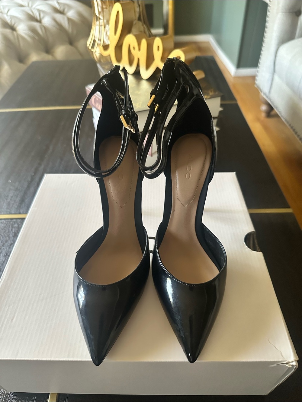 Aldo Black Patent Pointed-Toe Ankle Strap Pumps 4 inch